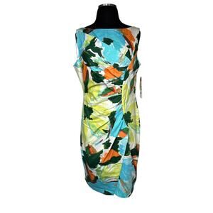 London Times Watercolor Print Ruched Sleeveless Dress Sz 12 Wrap Cotton Colorful